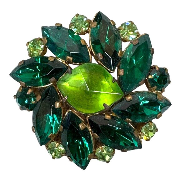 Vintage Austrian Crystal Emerald Green Rhinestone Leaf Cluster Brooch Statement - Picture 1 of 5